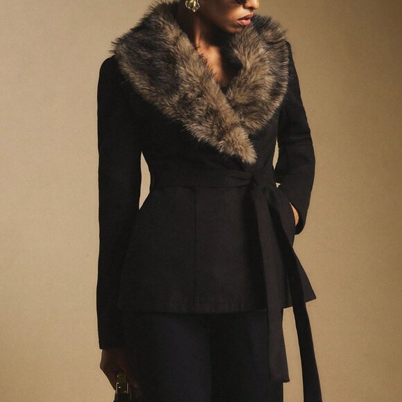 Black Elegant Women's Tie-Front Coat with Faux Collar - Picture 7 of 9